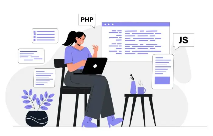 Female Developer Coding on Laptop 2D Illustration image